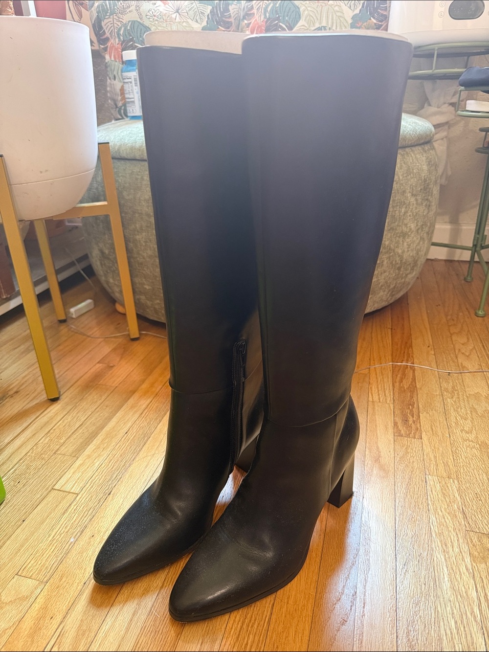 Calvin Klein Black Knee-High Pointed Toe Block Heel Boots